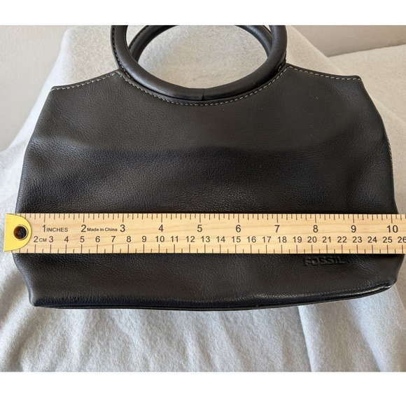 Fossil Black Leather Circle Handle Handbag Contrast Stitch Satchel Bag - Picture 7 of 7